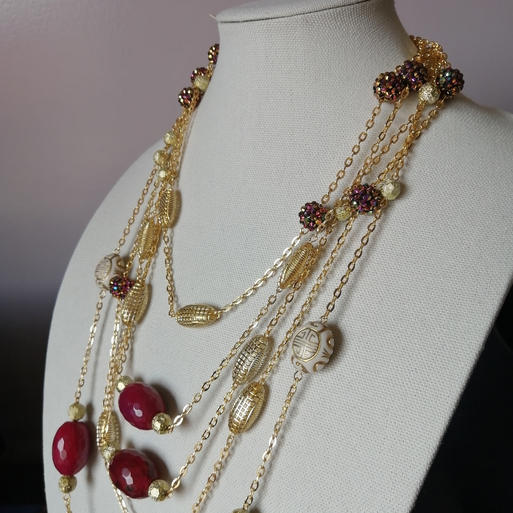 Bohemian Red Agate Necklace Beaded Goldtone Indian Wells by Amrita Singh